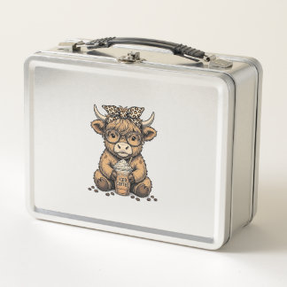 Cute Highland Cow Coffee Vintage Vector Shirt_1 Metal Lunch Box