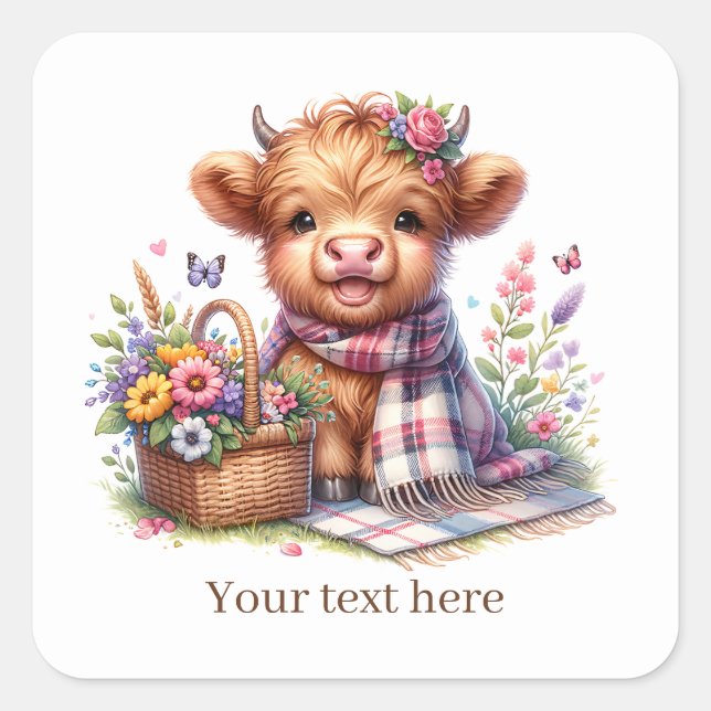 Cute highland cow customizable  square sticker (Front)