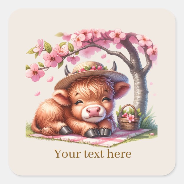 Cute Highland cow customizable  Square Sticker (Front)