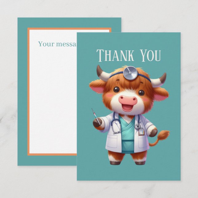 Cute Highland cow Doctor add message  Thank You Card (Front/Back)