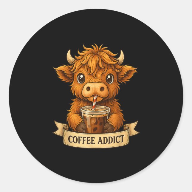 Cute Highland Cow Drink Coffee Funny For Men Women Classic Round Sticker (Front)