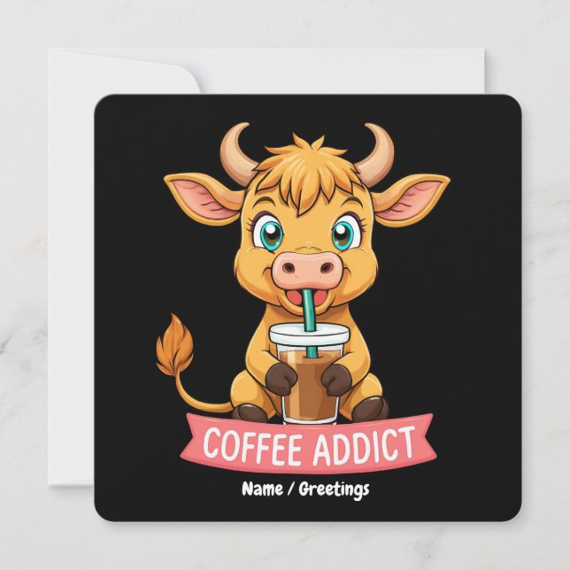 Cute Highland Cow Drinking Coffee Addict Joke Fun Invitation (Front)