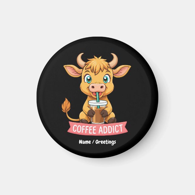 Cute Highland Cow Drinking Coffee Addict Joke Fun Magnet (Front)