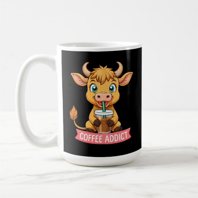 Cute Highland Cow Drinking Coffee Addict Joke Fun Mug (Left)