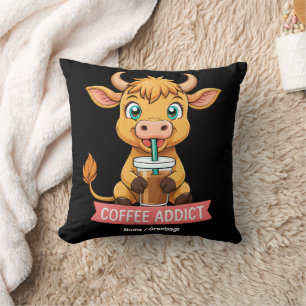 Cute Highland Cow Drinking Coffee Addict Joke Fun Throw Pillow