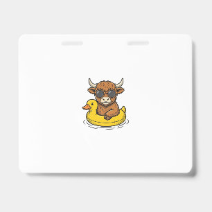 Cute Highland Cow Duck Float Vintage Engraving Art Badge