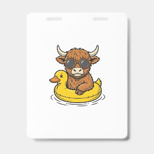 Cute Highland Cow Duck Float Vintage Engraving Art Badge