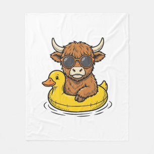 Cute Highland Cow Duck Float Vintage Engraving Art Fleece Blanket