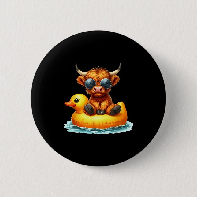 Cute Highland Cow Duck Ol Float Summer Vibes Swimm 2 Inch Round Button (Front)