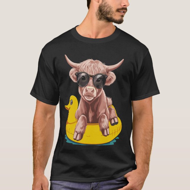 Cute Highland Cow Duck Pool Float Summer T-Shirt (Front)