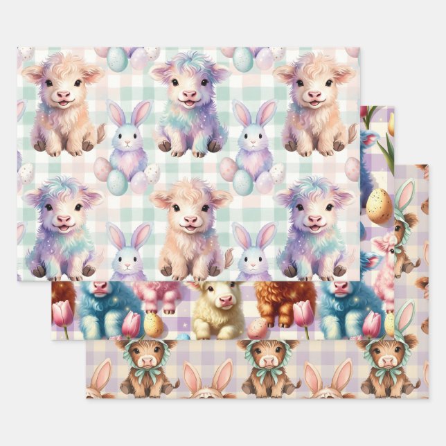 Cute Highland Cow Easter Spring Wrapping Paper Sheet (Set)