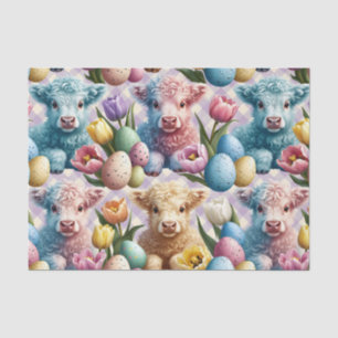 Cute Highland Cow Easter Tulips Pastel Tissue Paper
