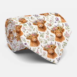 Cute Highland Cow Floral Watercolor Whimsical Tie