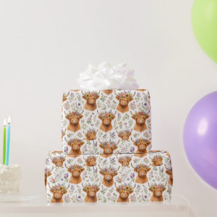 Cute Highland Cow Floral Watercolor Whimsical Wrapping Paper