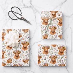 Cute Highland Cow Floral Watercolor Whimsical Wrapping Paper Sheet