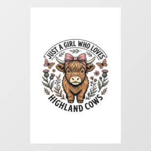 Cute Highland Cow Girl Vintage Floral Shirt Design Window Cling