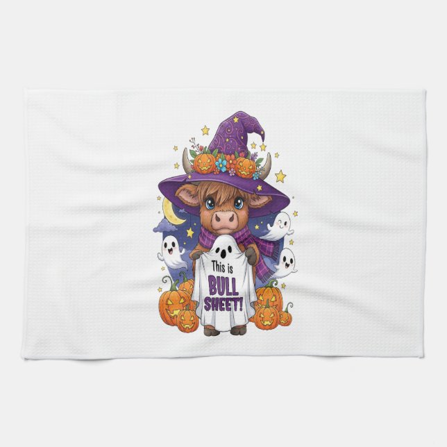 Cute Highland Cow Halloween Kitchen Towel (Horizontal)