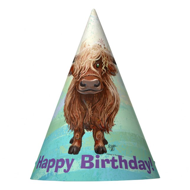 Cute Highland Cow Happy Birthday Party Hat (Front)