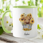 Cute Highland Cow in Bucket Sunflowers Floral Mug<br><div class="desc">This personalized mug is a perfect gift for animal lovers. The cute highland baby cow sitting in a garden of yellow sunflowers is sure to bring a smile to anyone's face. This mug can be customized with a name or message. It's perfect for enjoying your morning coffee or tea. Order...</div>