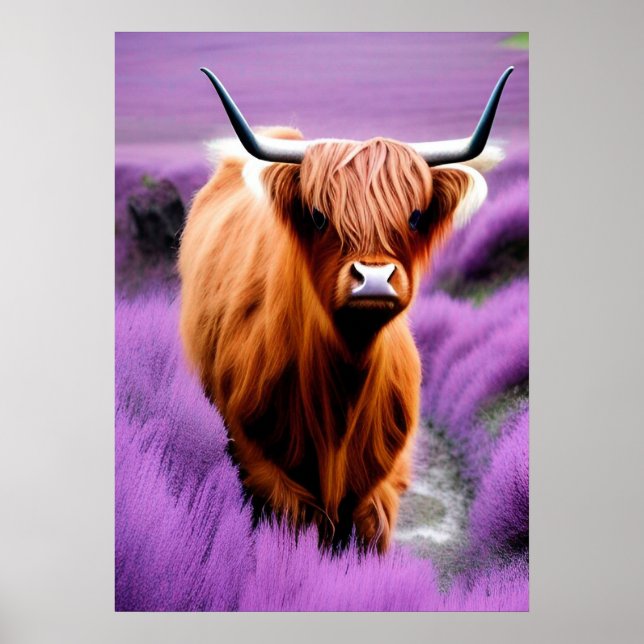Cute Highland Cow in Lavender Field Poster (Front)