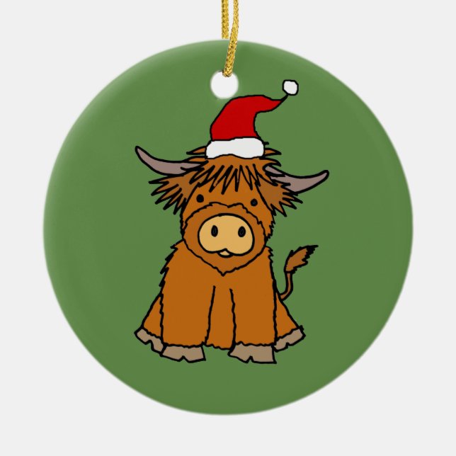 Cute Highland Cow in Santa hat Christmas Ceramic Ornament (Front)