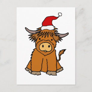 Cute Highland Cow in Santa hat Christmas Postcard
