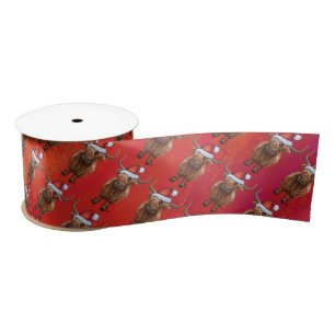Cute Highland Cow in Santa Hat Pattern on Red Satin Ribbon
