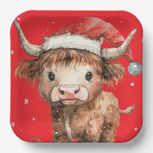 Cute. Highland Cow in Santa Hat Red Paper Plate