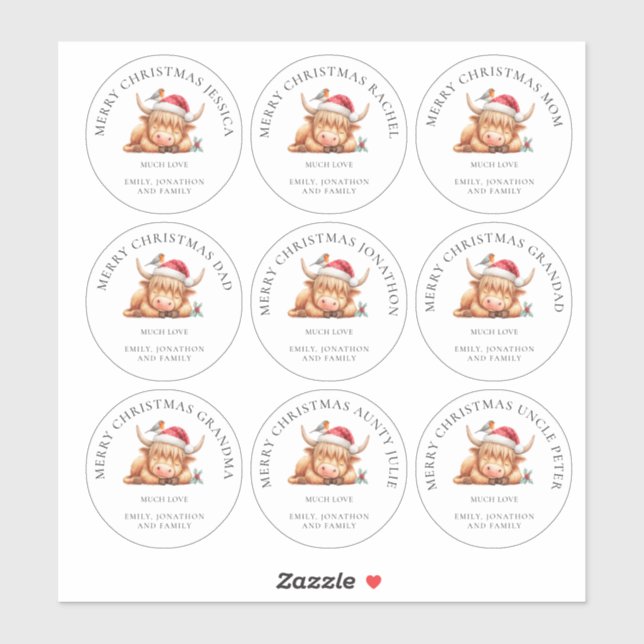 Cute Highland Cow Individual Names Merry Christmas (Sheet)