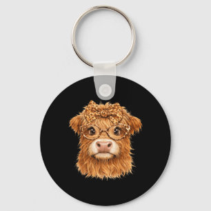 Cute Highland Cow Leopard Bow Glasses Farm Animal Keychain