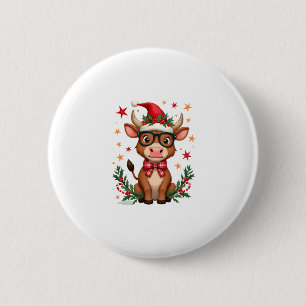 Cute Highland Cow Lover Santa Hat Western Christma 2 Inch Round Button