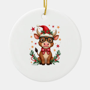 Cute Highland Cow Lover Santa Hat Western Christma Ceramic Ornament