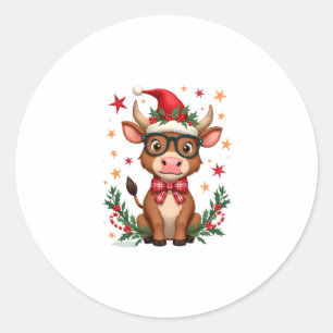 Cute Highland Cow Lover Santa Hat Western Christma Classic Round Sticker