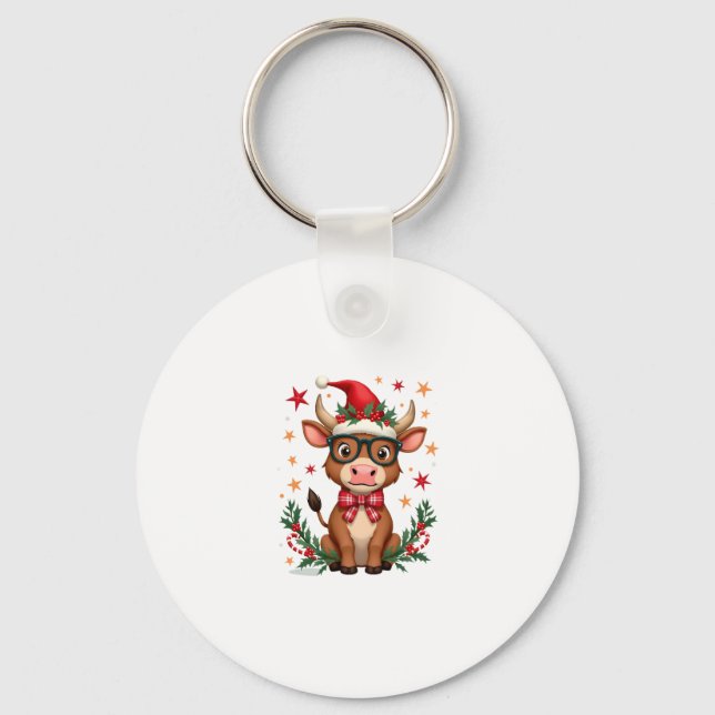Cute Highland Cow Lover Santa Hat Western Christma Keychain (Front)