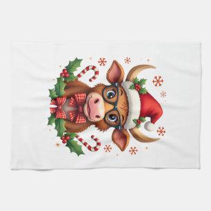 Cute Highland Cow Lover Santa Hat Western Christma Kitchen Towel