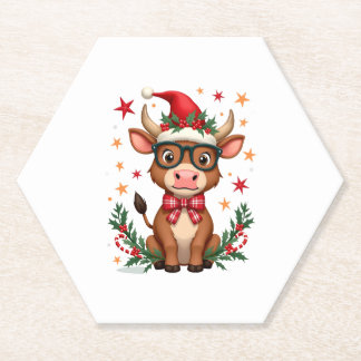 Cute Highland Cow Lover Santa Hat Western Christma Paper Coaster