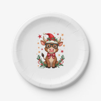 Cute Highland Cow Lover Santa Hat Western Christma Paper Plate