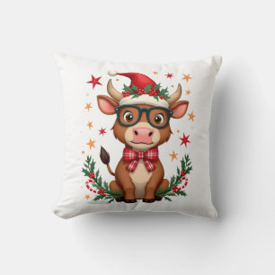 Cute Highland Cow Lover Santa Hat Western Christma Throw Pillow