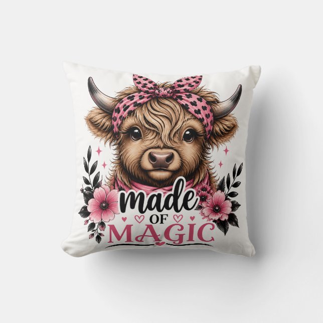 Cute Highland Cow Made of Magic Graphic Throw Pillow (Front)