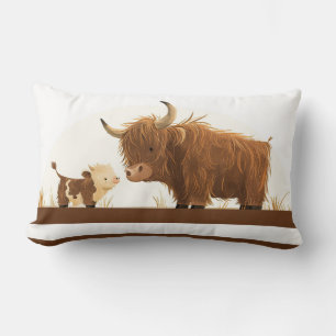 Cute Highland Cow Mama& Calf Rustic Brown Stripes Lumbar Pillow