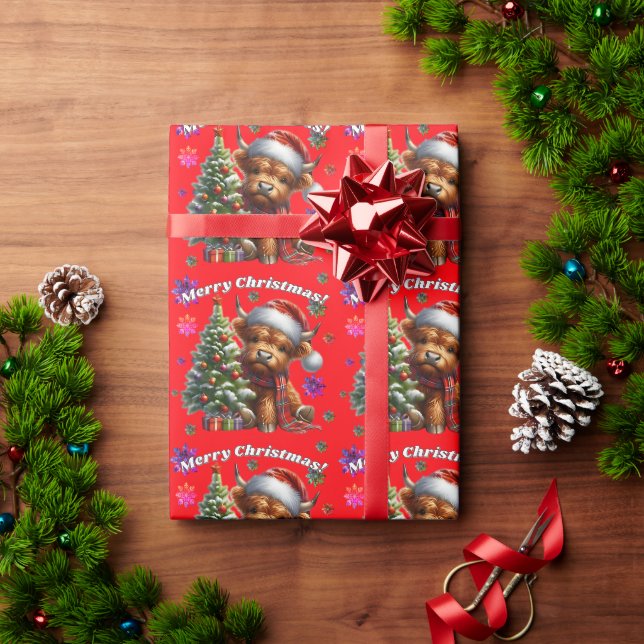 Cute Highland Cow Merry Christmas Wrapping Paper (Holiday Gift)