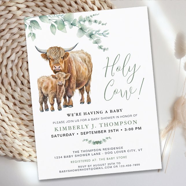 Cute Highland Cow Modern Eucalyptus Baby Shower Invitation Postcard (Creator Uploaded)
