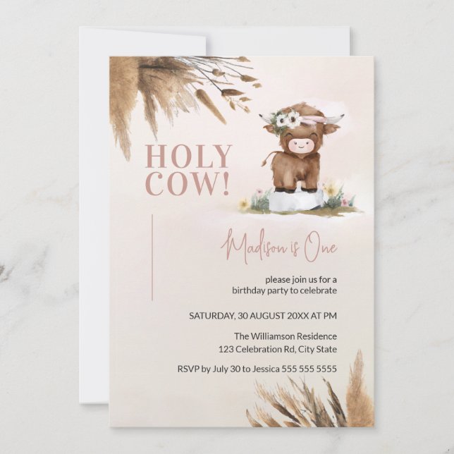 Cute Highland Cow Pampas Farm 1st Birthday Invitation (Front)