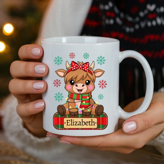 Cute Highland Cow Personalized Name Christmas Coffee Mug (Creator Uploaded)