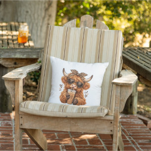 Cute Highland Cow Pillow Iced Coffee Design