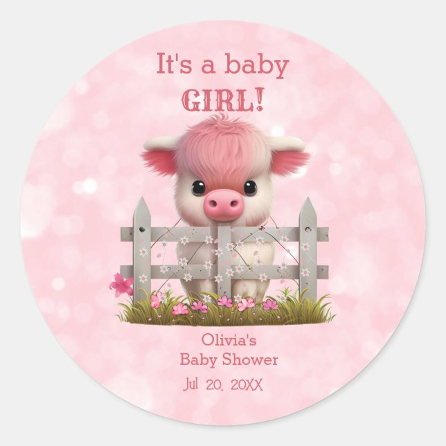 Cute Highland Cow Pink Baby Shower Personalized Classic Round Sticker (Front)