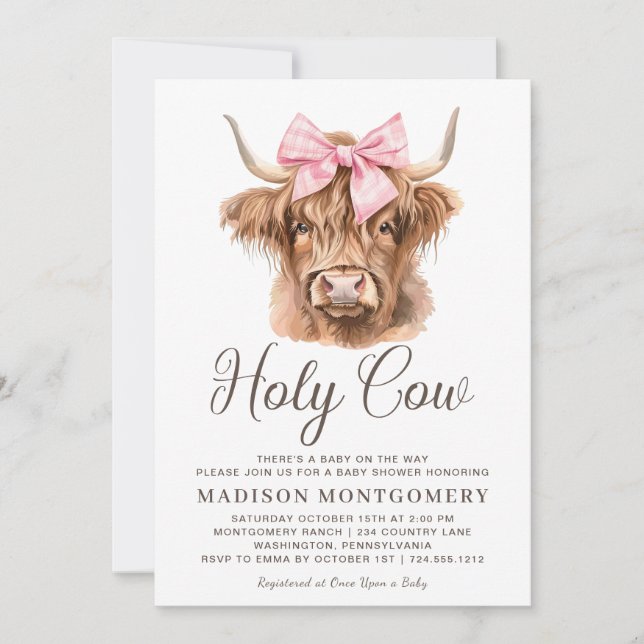 Cute Highland Cow Pink Coquette Bow Baby Shower  Invitation (Front)