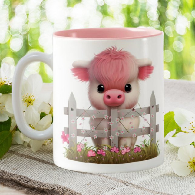 Cute Highland Cow Pink Floral Personalized Two-Tone Coffee Mug (Creator Uploaded)