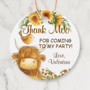 Cute Highland Cow Print Bird Sunflowers Thank Moo Favour Tags