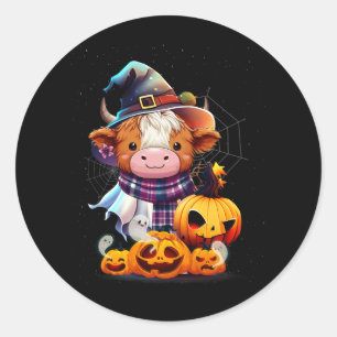 Cute Highland Cow Pumpkin Western Halloween Funny Classic Round Sticker